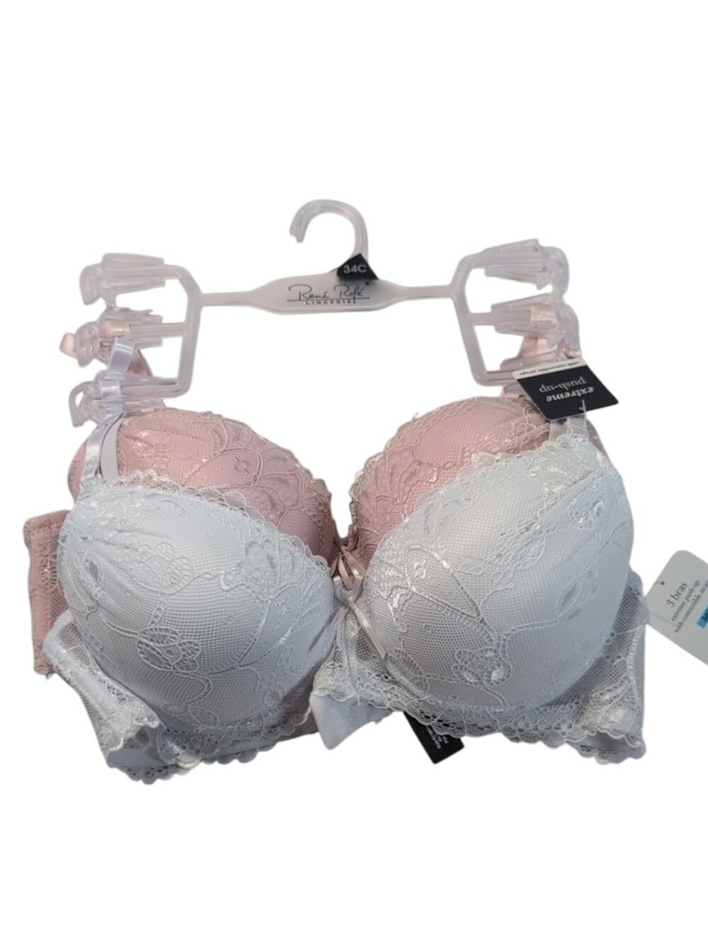 Rene' Rofe' Extreme Push-Up Lace Bras 2-Pack White & Pink Size 34C